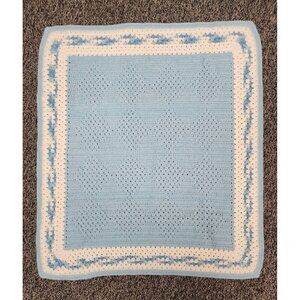 Blue & White Baby Blanket Soft Cuddly Crocheted Washable Handmade Shower 37x40